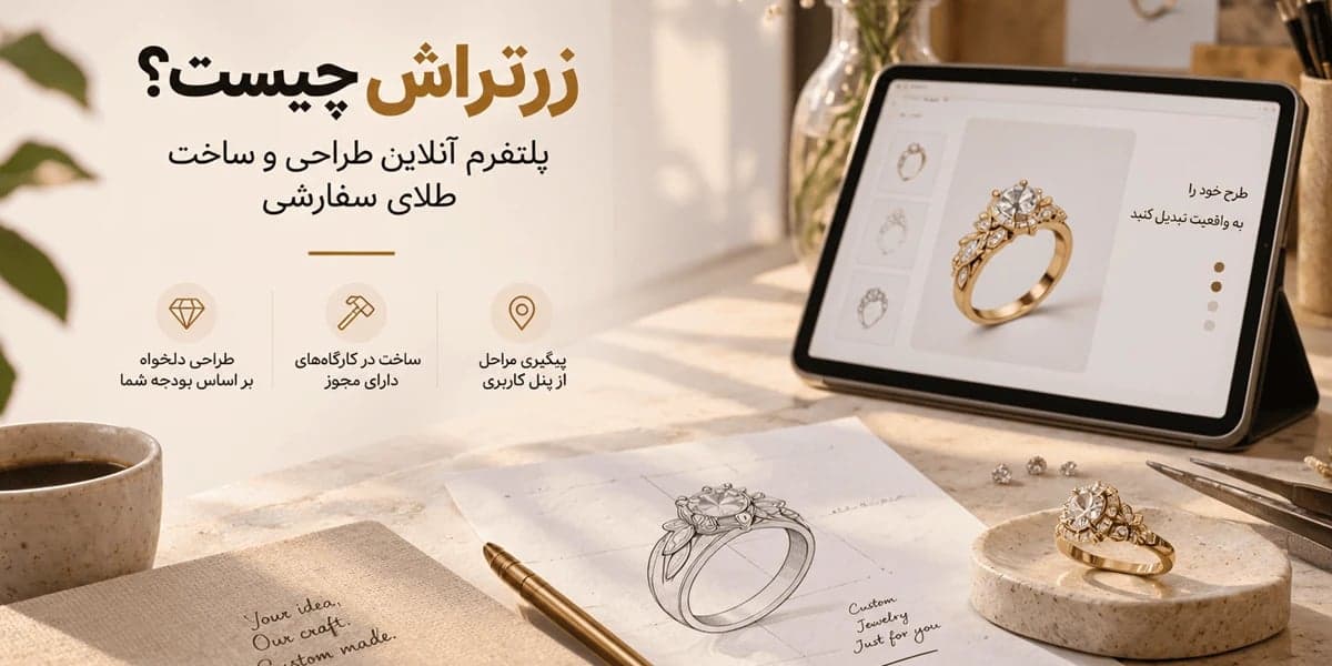 زرتراش چیست؟ طراحی انگشتر طلا روی کاغذ و تبلت در کنار انگشتر ساخته‌شده