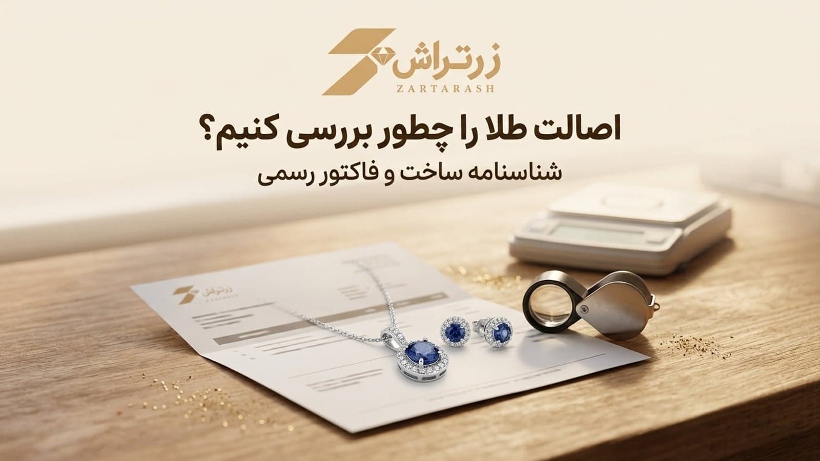 گردنبند و گوشواره‌ی نگین‌دار روی یک فاکتور، کنار ذره‌بین جواهرسازی و ترازوی دقیق روی میز چوبی