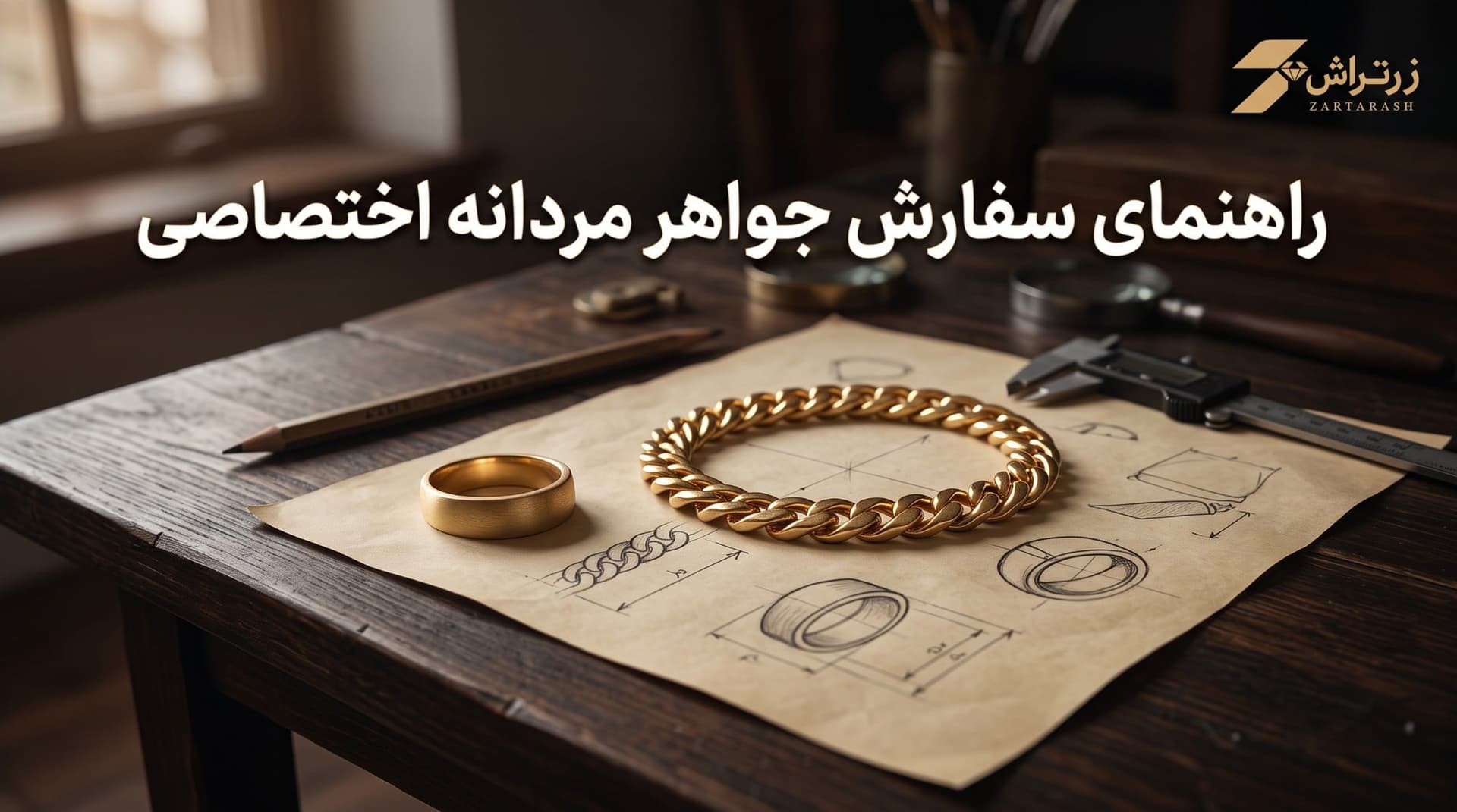 دستبند و انگشتر طلای مردانه با طرح ساده روی میز کار چوبی کنار طرح دستکشیده