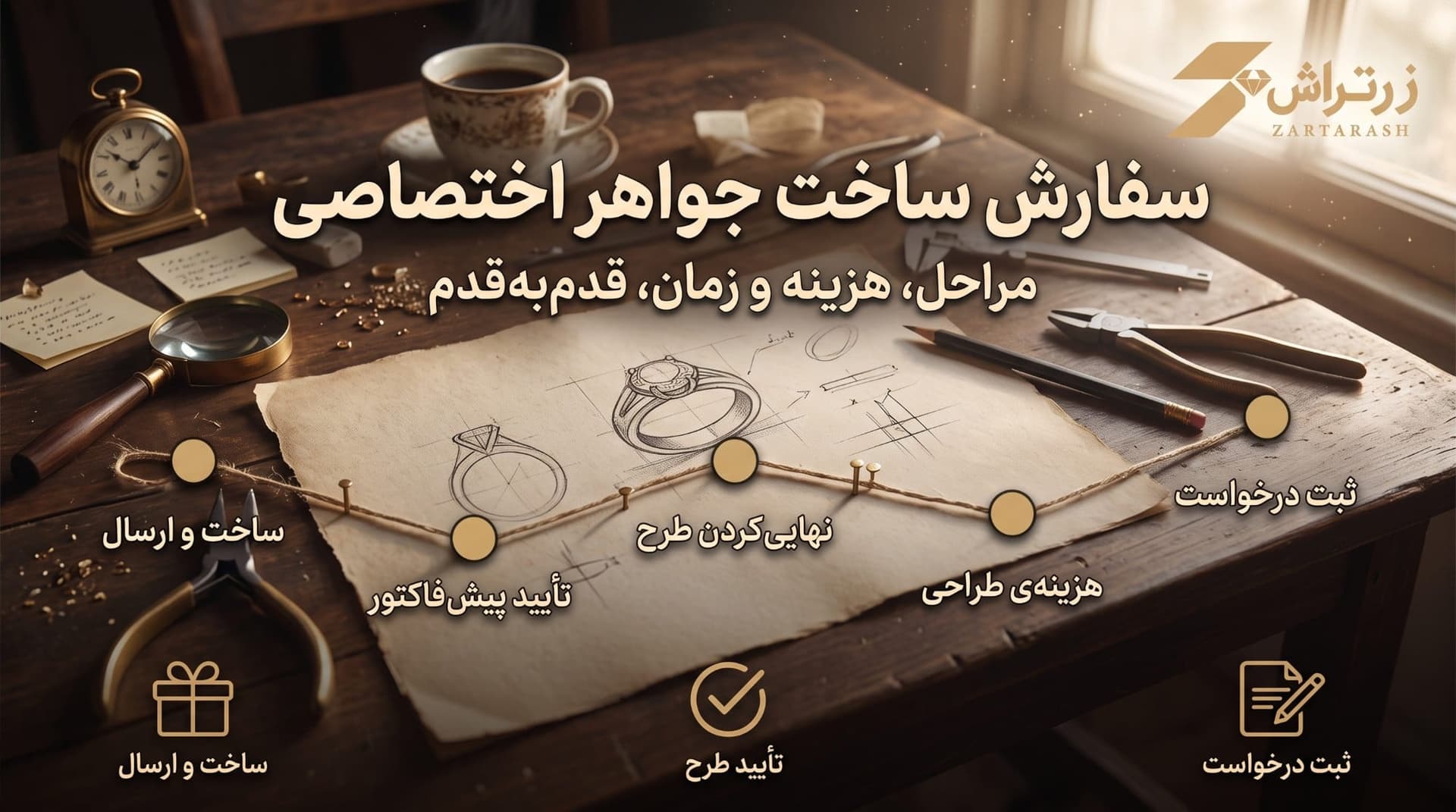 سفارش ساخت جواهر اختصاصی: تایملاین پنج مرحلهای از ثبت درخواست تا ساخت و ارسال، کنار طرح دستکشیدهی انگشتر روی میز کار