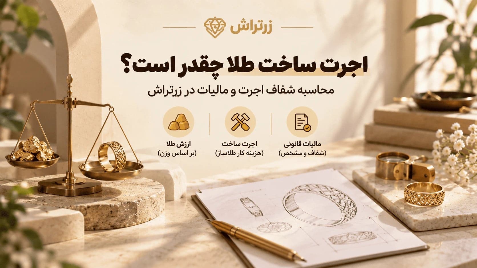 اجرت ساخت طلا چقدر است؟ ترازوی طلا، طرح دستکشیده انگشتر و ذرهبین کنار هم روی میز کار