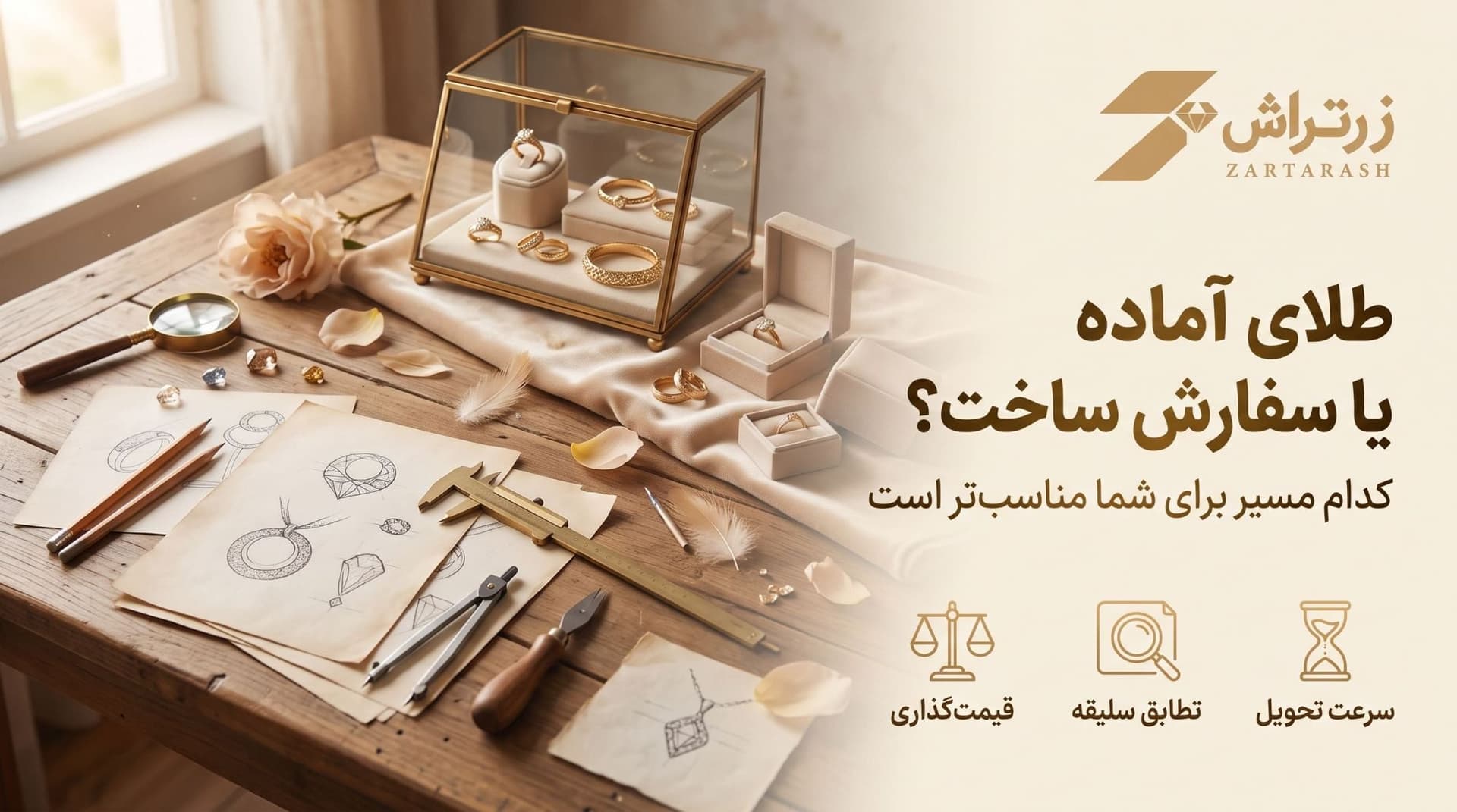 ویترین شیشهای با چند قطعه طلای آماده کنار طرحهای دستکشیده و ابزار طراحی روی میز چوبی