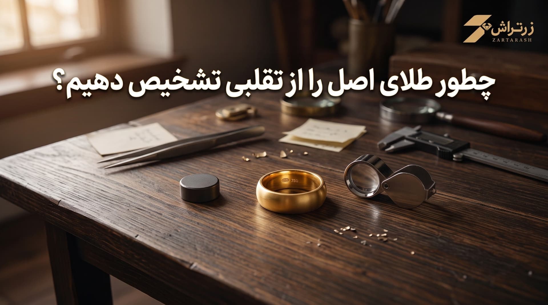 آهنربا، ذرهبین و یک سکهی طلا روی میز کار جواهرسازی، کنار یک حلقه با انگ عیار